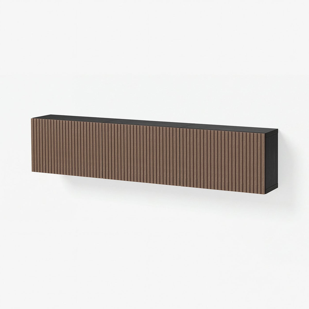 BESTÅ wall-mounted cabinet combination, black-brown Björköviken/brown stained oak veneer, 180x22x38 cm
