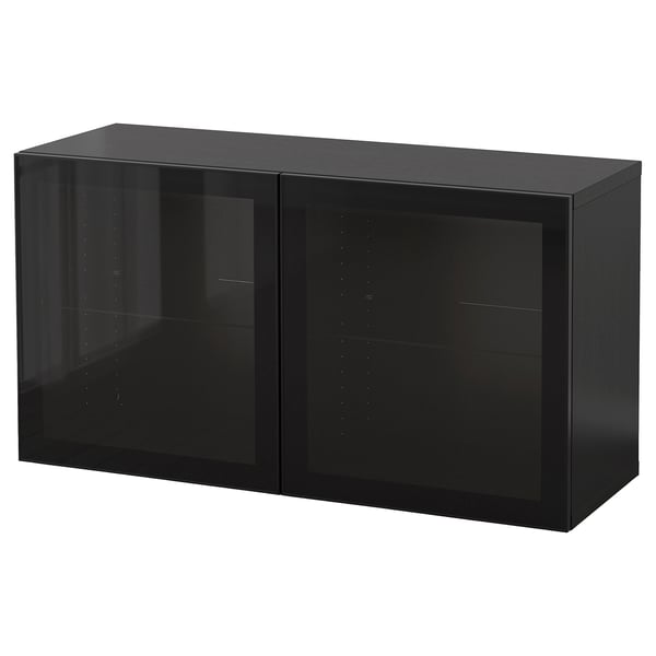BESTÅ wall-mounted cabinet combination, black-brown Glassvik/black clear glass, 120x42x64 cm