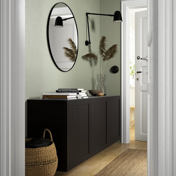 BESTÅ wall-mounted cabinet combination, black-brown/Hanviken black-brown, 180x42x64 cm