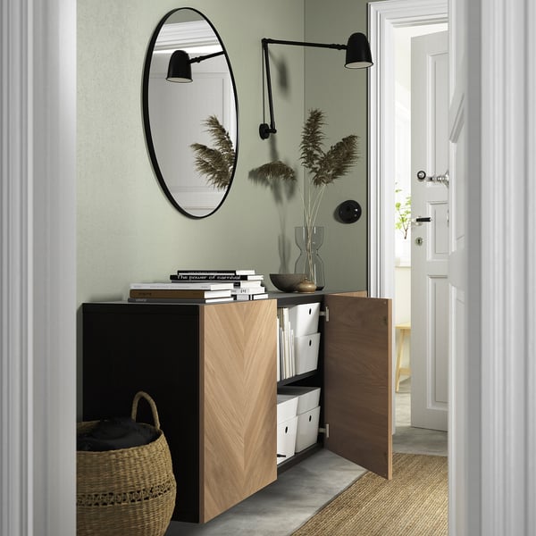 BESTÅ wall-mounted cabinet combination, black-brown Hedeviken/oak veneer, 180x42x64 cm