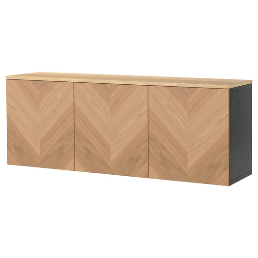 BESTÅ wall-mounted cabinet combination, black-brown Hedeviken/oak veneer, 180x42x66 cm