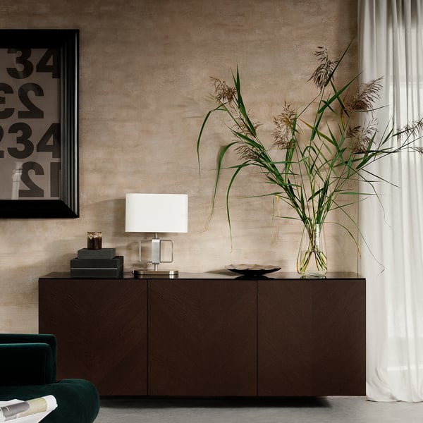 BESTÅ wall-mounted cabinet combination, black-brown Hedeviken/dark brown stained oak veneer, 180x42x64 cm