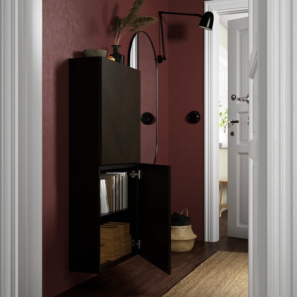 BESTÅ wall-mounted cabinet combination, black-brown Hedeviken/dark brown stained oak veneer, 60x22x64 cm