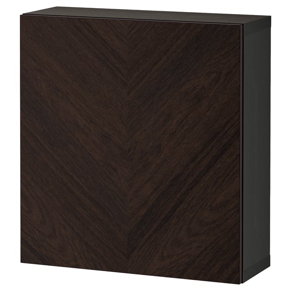 BESTÅ wall-mounted cabinet combination, black-brown Hedeviken/dark brown stained oak veneer, 60x22x64 cm