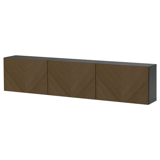 BESTÅ wall-mounted cabinet combination, black-brown Hedeviken/brown stained oak veneer, 180x22x38 cm
