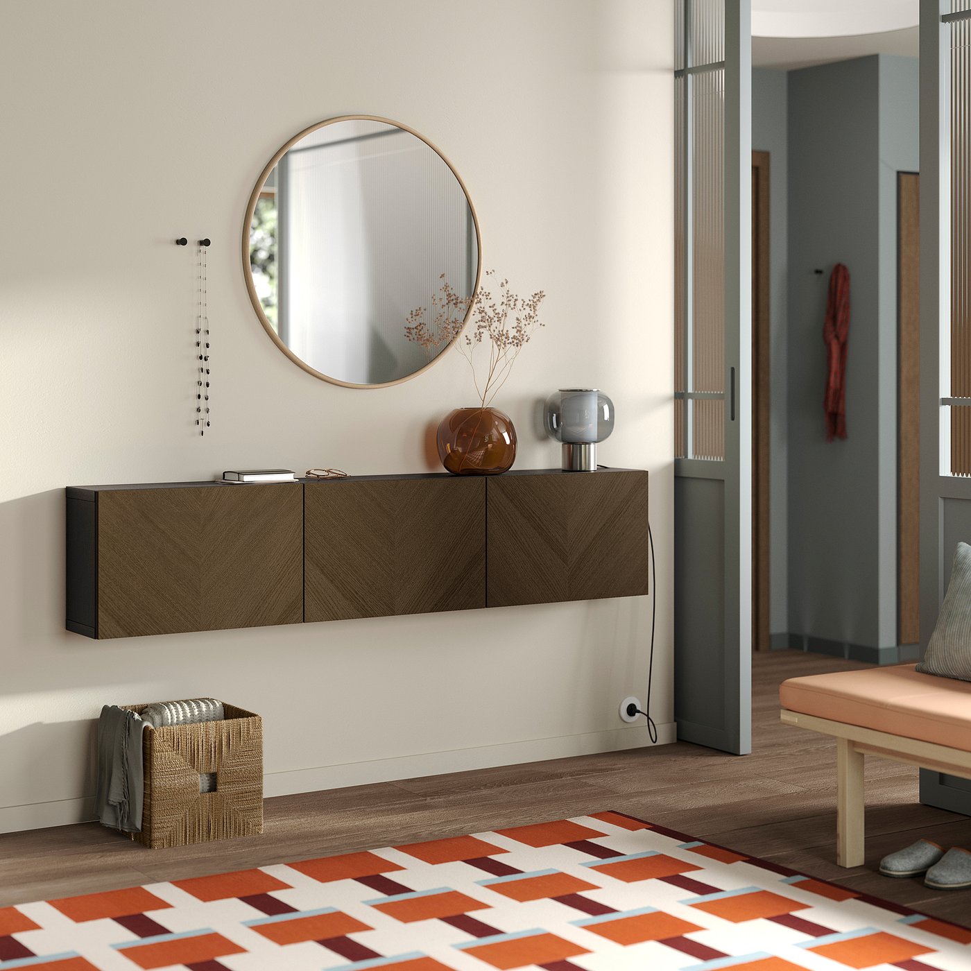 BESTÅ wall-mounted cabinet combination, black-brown Hedeviken/brown stained oak veneer, 180x22x38 cm