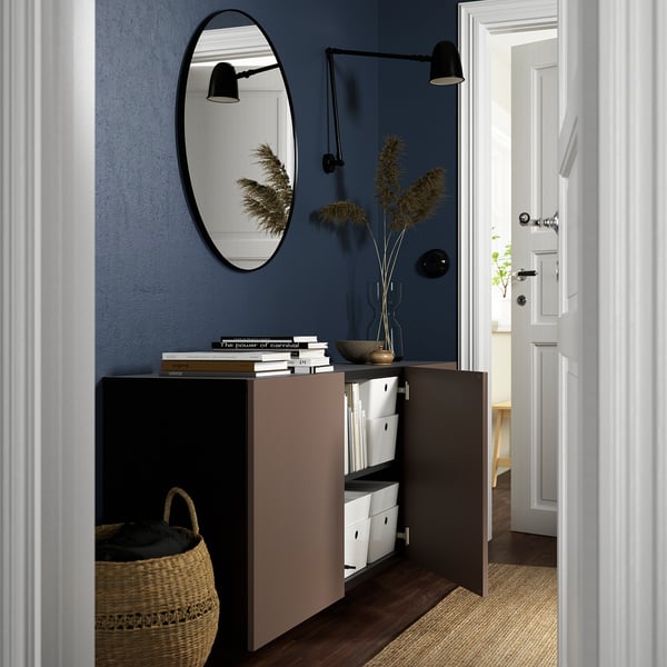 BESTÅ wall-mounted cabinet combination, black-brown/Hjortviken brown, 180x42x64 cm