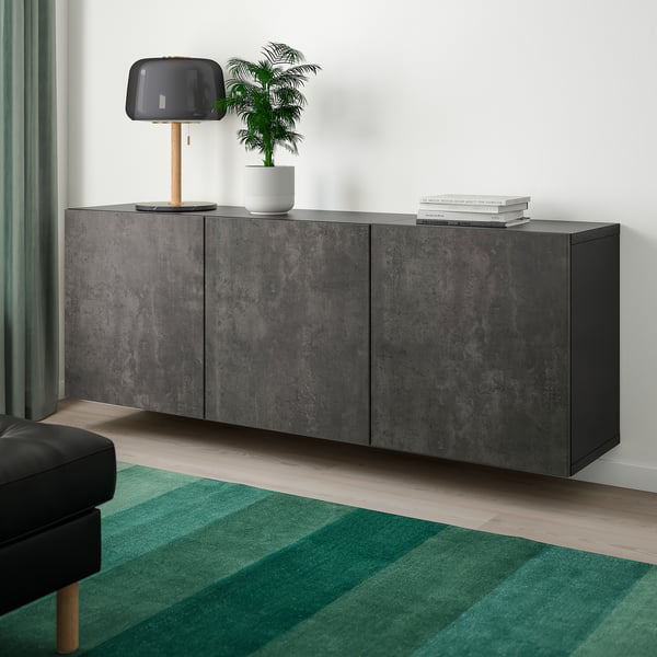 BESTÅ - BESTÅ Wall-mounted cabinet combination, black-brown/Kallviken concrete effect, 180x42x64 cm