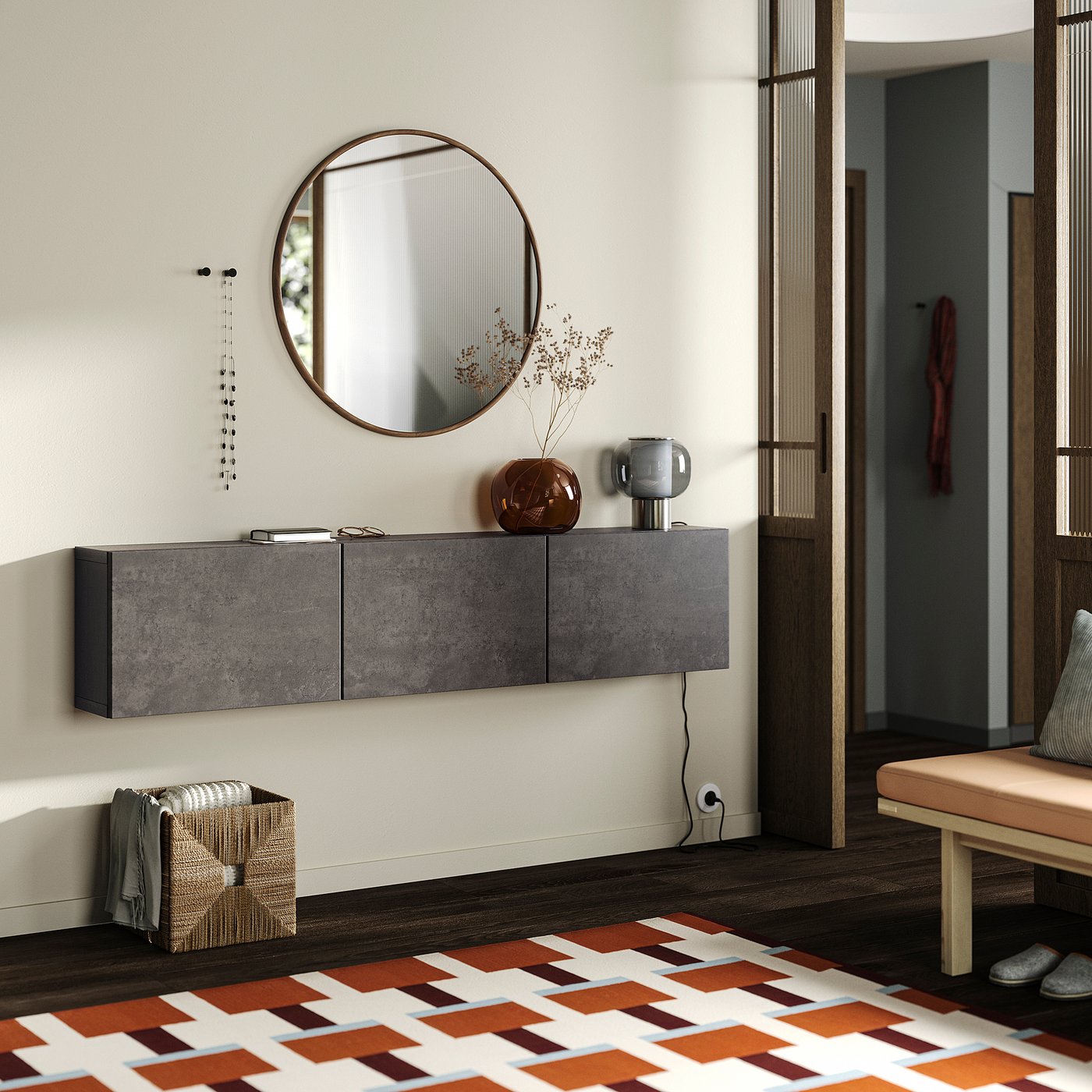 BESTÅ wall-mounted cabinet combination, black-brown Kallviken/dark grey concrete effect, 180x22x38 cm