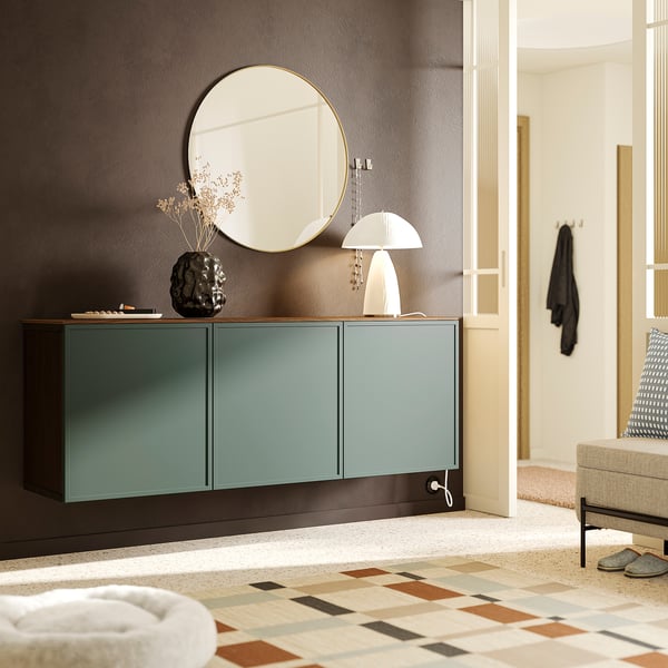 BESTÅ wall furniture combination, brown-black Krukmakare/dark gray-green walnut effect, 180x42x65 cm