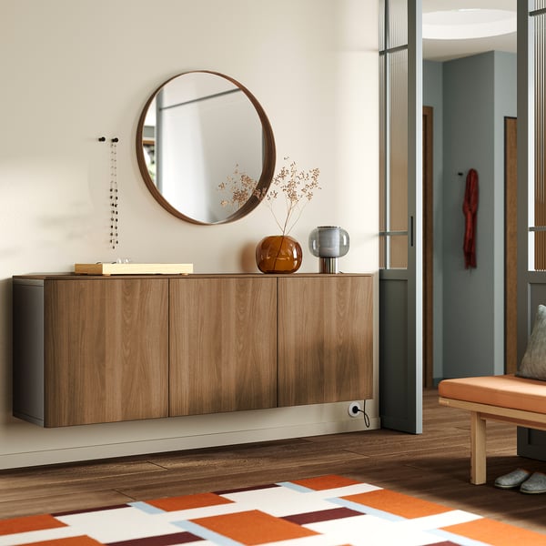 BESTÅ wall-mounted cabinet combination, black-brown/Lappviken walnut effect, 180x42x65 cm