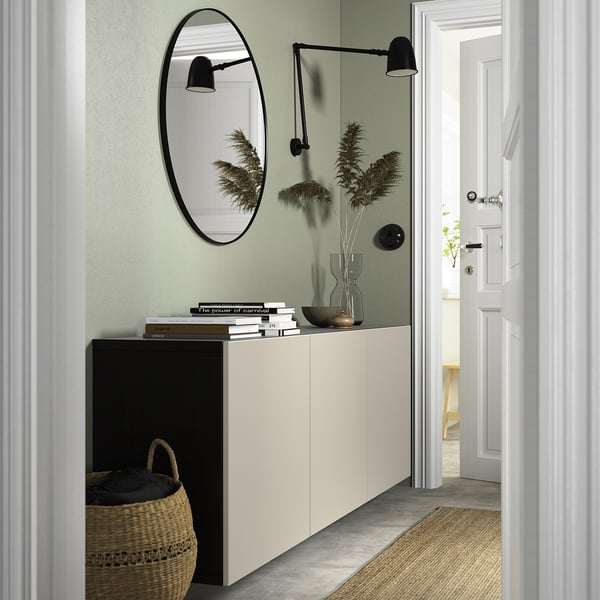 BESTÅ wall-mounted cabinet combination, black-brown/Lappviken light grey-beige, 180x42x64 cm