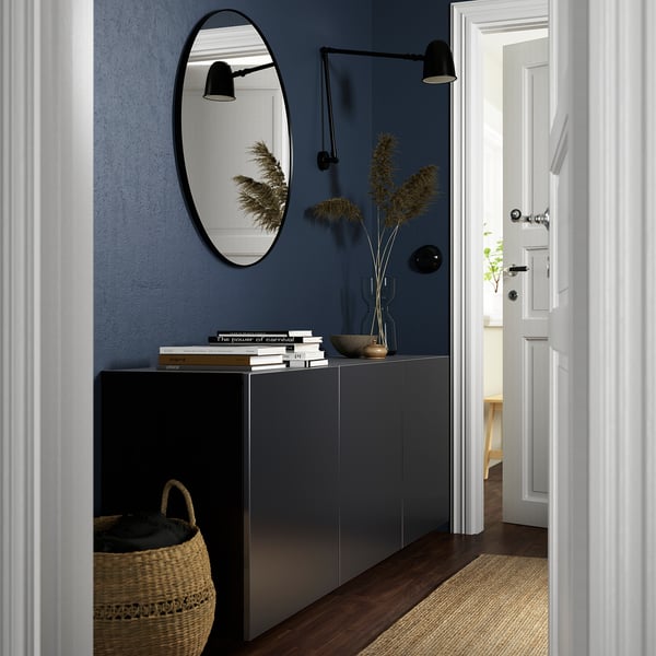 BESTÅ - BESTÅ Wall-mounted cabinet combination, black-brown/Riksviken brushed dark pewter effect, 180x42x64 cm