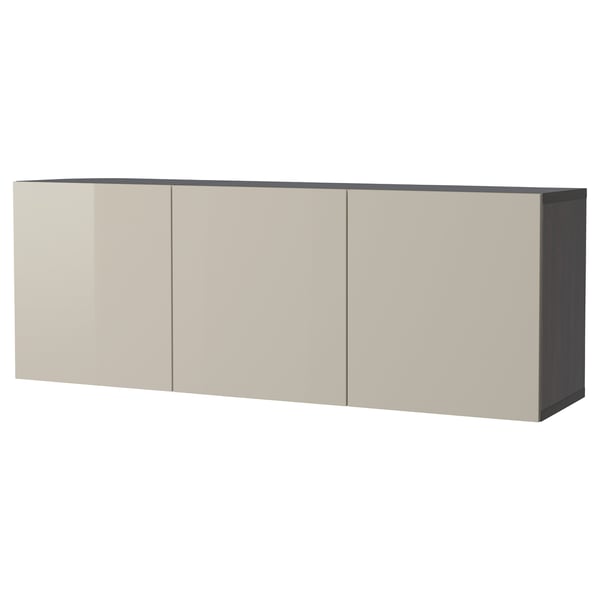 BESTÅ wall-mounted cabinet combination, black-brown/Selsviken high-gloss/beige, 180x42x64 cm