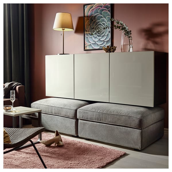 BESTÅ wall-mounted cabinet combination, black-brown/Selsviken high-gloss/beige, 180x42x64 cm