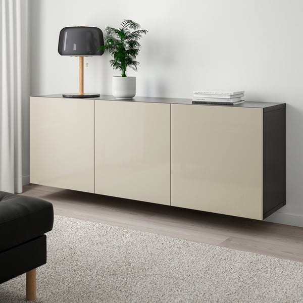 BESTÅ wall-mounted cabinet combination, black-brown/Selsviken high-gloss/beige, 180x42x64 cm
