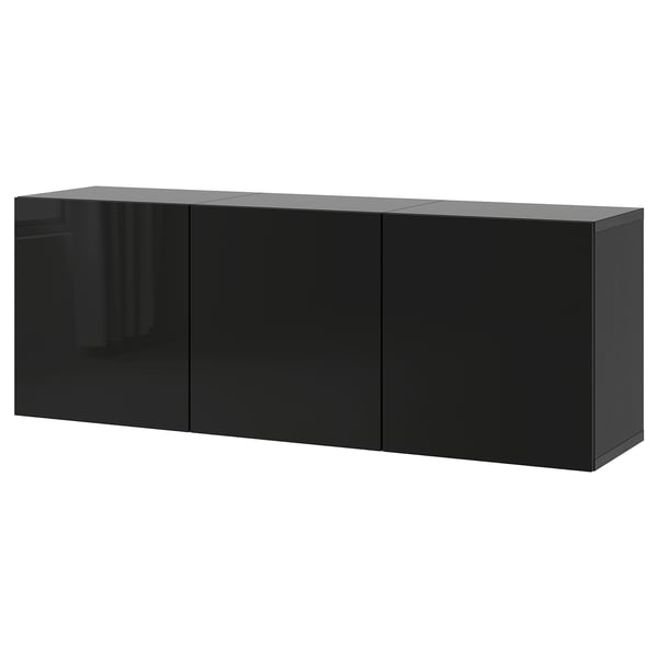 BESTÅ wall-mounted cabinet combination, black-brown/Selsviken high-gloss/black, 180x42x64 cm
