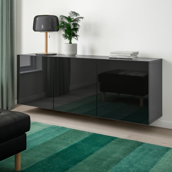 BESTÅ wall-mounted cabinet combination, black-brown/Selsviken high-gloss/black, 180x42x64 cm