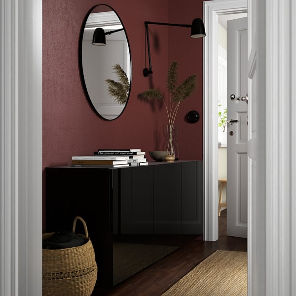 BESTÅ wall-mounted cabinet combination, black-brown/Selsviken high-gloss/black, 180x42x64 cm