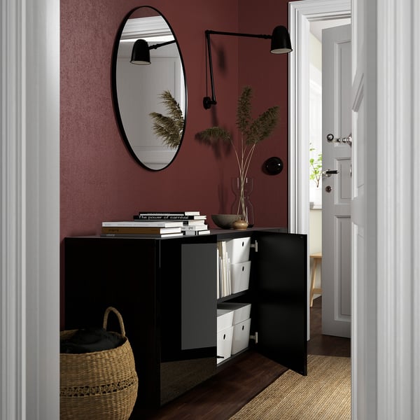 BESTÅ wall-mounted cabinet combination, black-brown/Selsviken high-gloss/black, 180x42x64 cm