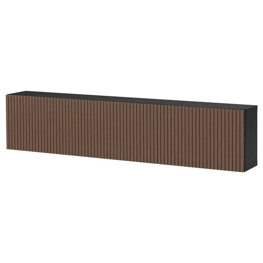 BESTÅ wall-mounted cabinet combination, black-brown Björköviken/brown stained oak veneer, 180x22x38 cm