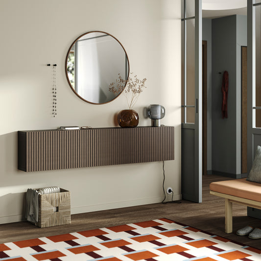 BESTÅ wall-mounted cabinet combination, black-brown Björköviken/brown stained oak veneer, 180x22x38 cm