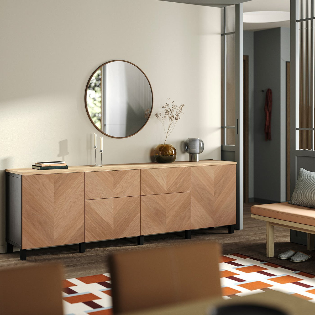 BESTÅ storage combination, black-brown/Hedeviken oak veneer, 240x42x76 cm