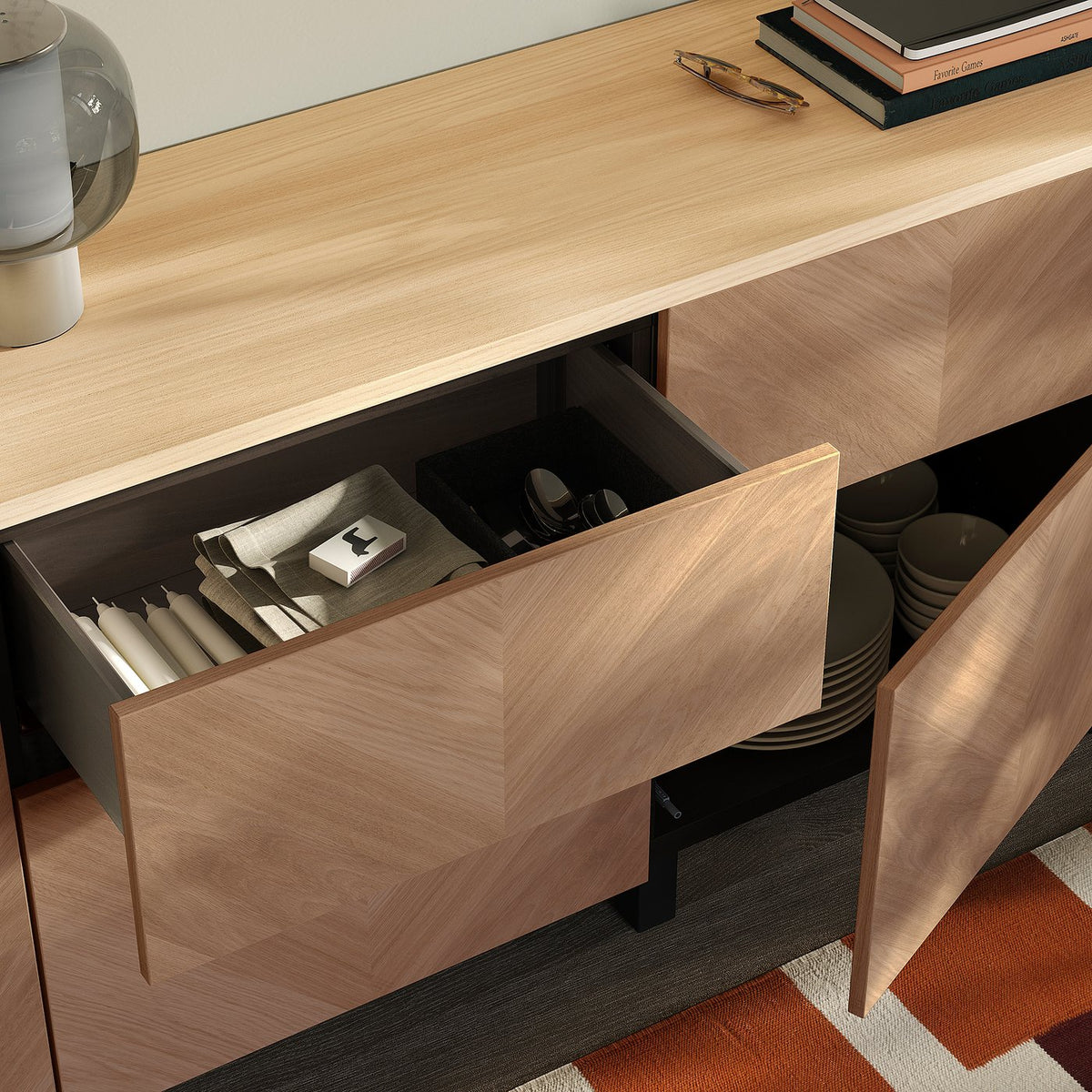 BESTÅ storage combination, black-brown/Hedeviken oak veneer, 240x42x76 cm
