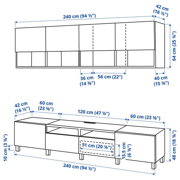 Ikea BESTÅ - TV storage combination, white/Västerviken/Stubbarp white, 240x42x230 cm