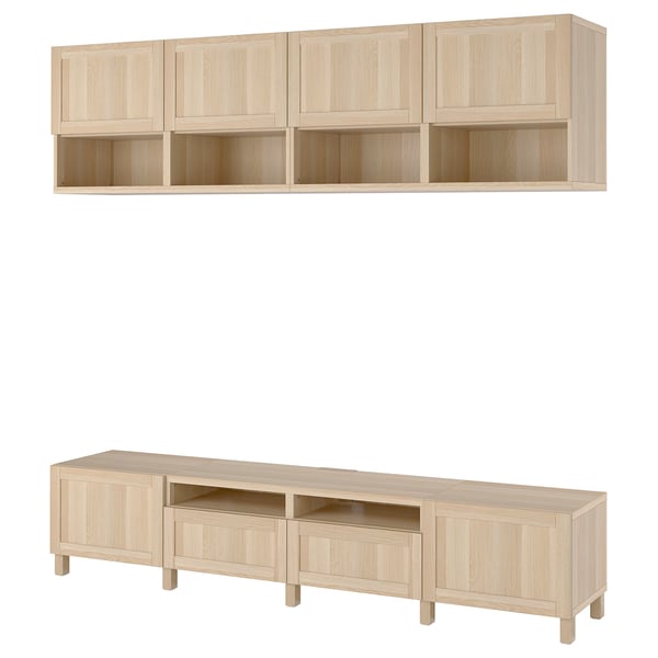 BESTÅ TV storage combination, white stained oak effect/Hanviken/Stubbarp white stained oak effect, 240x42x230 cm