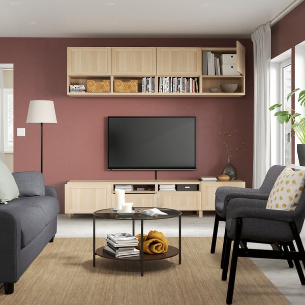 BESTÅ TV storage combination, white stained oak effect/Hanviken/Stubbarp white stained oak effect, 240x42x230 cm