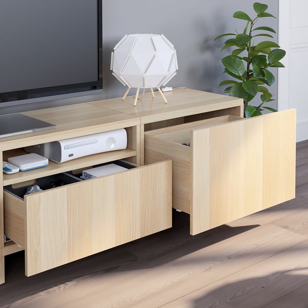 BESTÅ - BESTÅ TV storage combination, white stained oak effect/Lappviken/Stubbarp white stained oak effect, 240x42x230 cm