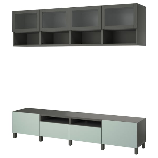 BESTÅ - BESTÅ TV storage combination, dark grey Sindvik/Hjortviken/Stubbarp pale grey-green, 240x42x230 cm