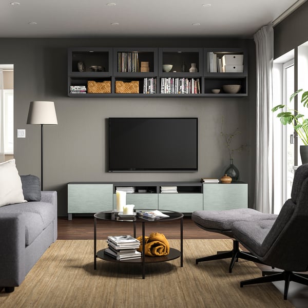 BESTÅ - BESTÅ TV storage combination, dark grey Sindvik/Hjortviken/Stubbarp pale grey-green, 240x42x230 cm