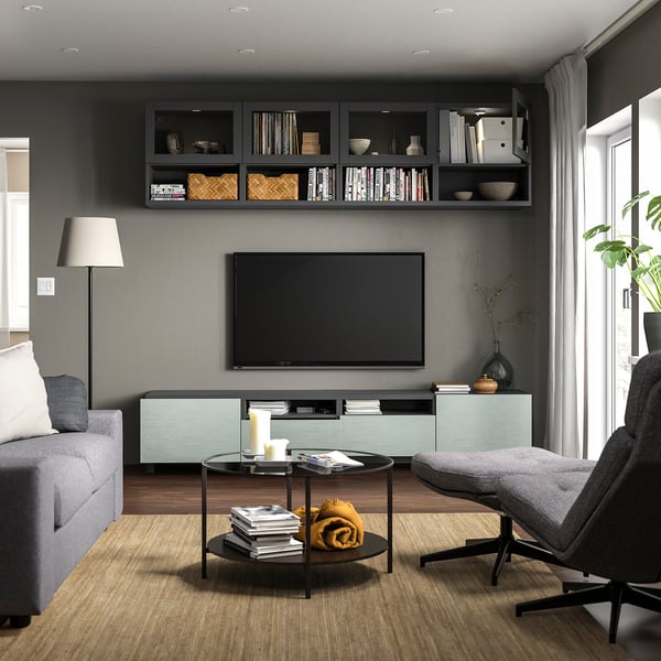 BESTÅ TV storage combination, dark grey Sindvik/Hjortviken/Stubbarp pale grey-green, 240x42x230 cm