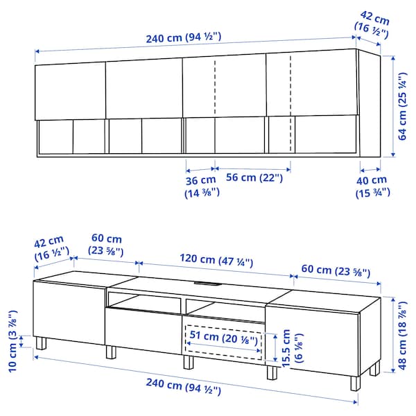 BESTÅ - TV storage combination, white stained oak effect/Lappviken/Stubbarp white stained oak effect, 240x42x230 cm