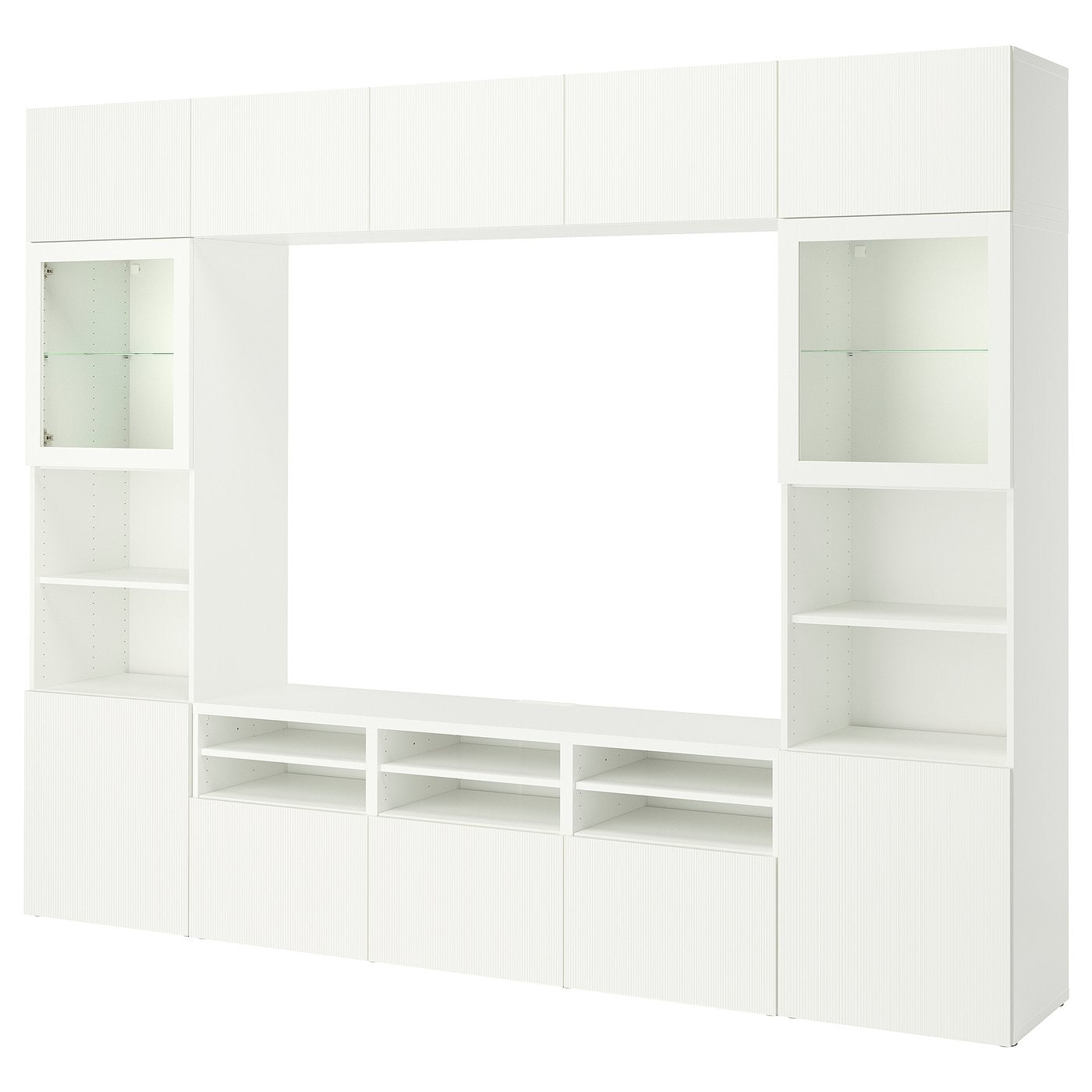 BESTÅ TV storage combination/glass doors, white/Förvaltare white, 300x42x231 cm