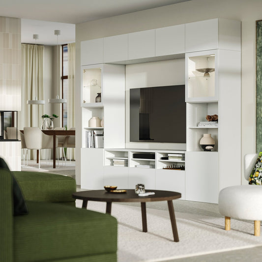 BESTÅ TV storage combination/glass doors, white/Förvaltare white, 300x42x231 cm