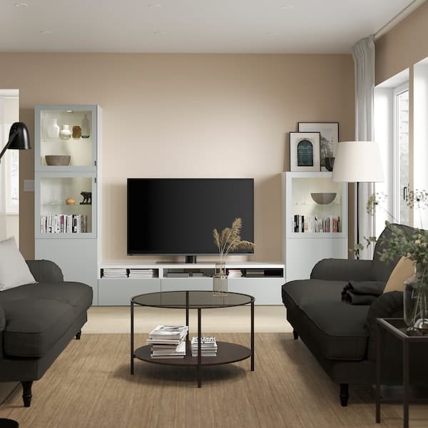 Ikea BESTÅ - TV storage combination/glass doors, white Glassvik/Selsviken light grey-blue, 300x42x193 cm
