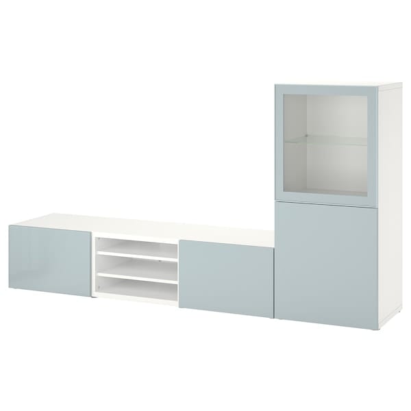 Ikea BESTÅ - TV storage combination/glass doors, white Glassvik/Selsviken light grey-blue, 240x42x129 cm