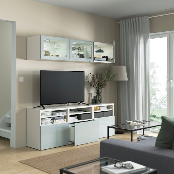 BESTÅ - TV storage combination/glass doors, white Glassvik/Selsviken light grey-blue, 180x42x192 cm