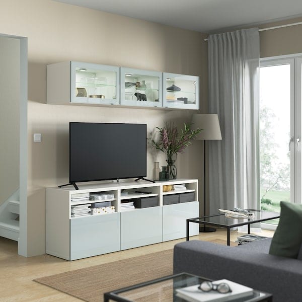 Ikea BESTÅ - TV storage combination/glass doors, white Glassvik/Selsviken light grey-blue, 180x42x192 cm