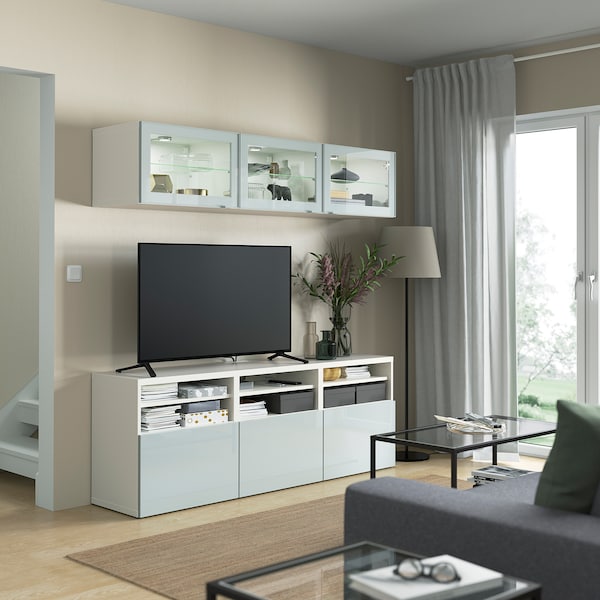 BESTÅ - TV storage combination/glass doors, white Glassvik/Selsviken light grey-blue, 180x42x192 cm