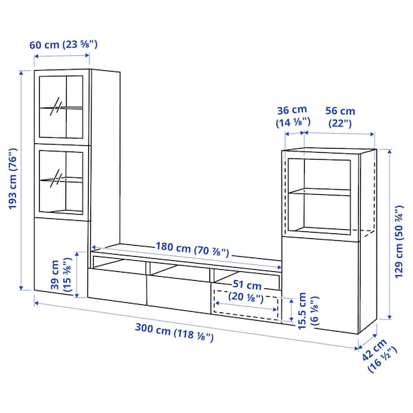 BESTÅ - TV storage combination/glass doors, white Glassvik/Selsviken light grey-blue, 300x42x193 cm