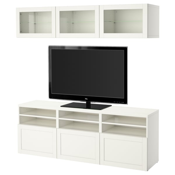 BESTÅ - BESTÅ TV storage combination/glass doors, white/Hanviken white clear glass, 180x42x192 cm