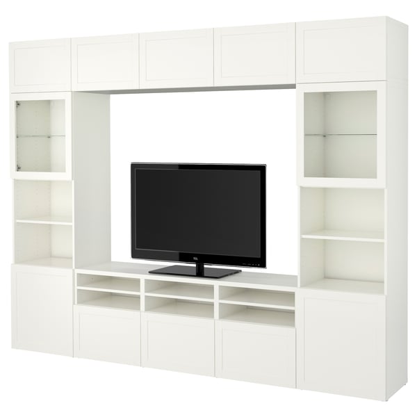 BESTÅ TV storage combination/glass doors, white/Lappviken white clear glass, 300x42x231 cm