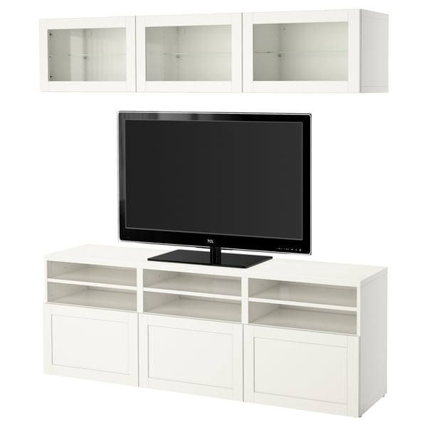 BESTÅ TV storage combination/glass doors, white/Hanviken white clear glass, 180x42x192 cm