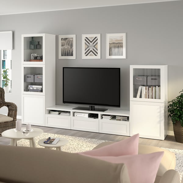 BESTÅ - BESTÅ TV storage combination/glass doors, white/Hanviken white clear glass, 300x42x193 cm