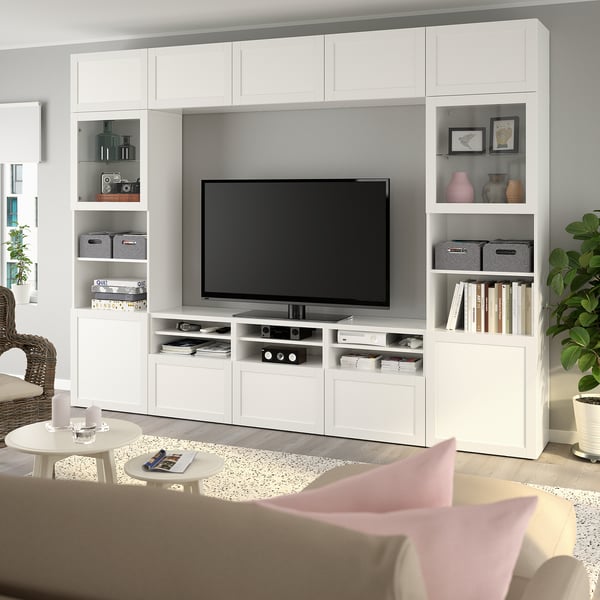 BESTÅ - BESTÅ TV storage combination/glass doors, white/Hanviken white clear glass, 300x42x231 cm