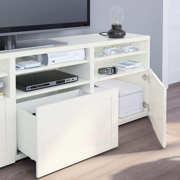BESTÅ - BESTÅ TV storage combination/glass doors, white/Hanviken white clear glass, 180x42x192 cm